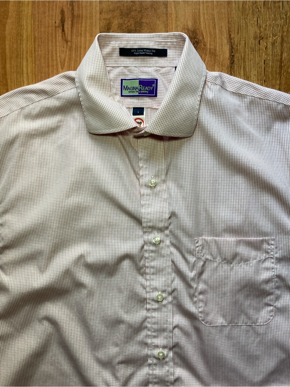 Magna Ready Stress Free Red White Micro Check Lg Sleeve Mens L Magnet Snap Shirt